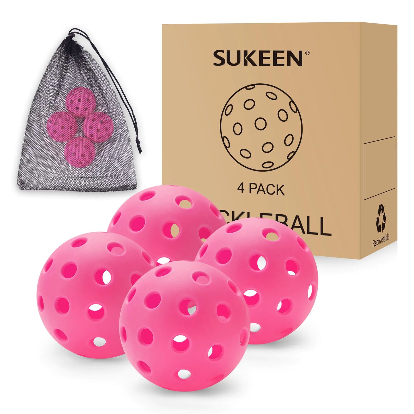 Sukeen Outdoor Pickleball Balls - 4-Pack with Mesh Bag