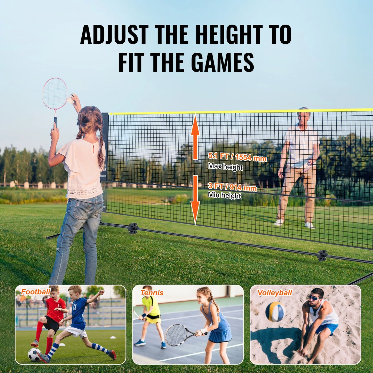 VEVOR Adjustable Multi-Sport Net: Badminton, Volleyball, Pickleball, Tennis (10/14/17FT)