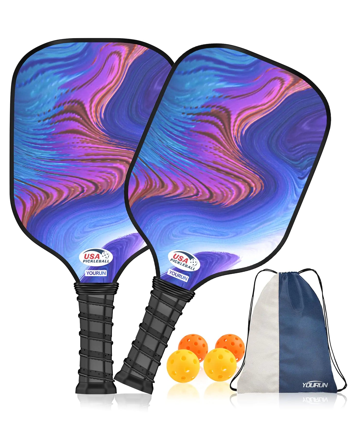 YOURUN Carbon Fiber Pickleball Paddle Set - 2 Pack with Balls & Bag