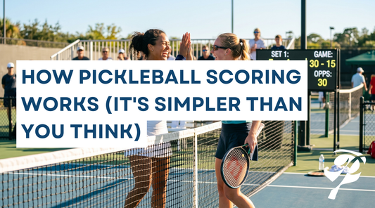 Two pickleball players on an outdoor court with a visible scoreboard showing the current score
