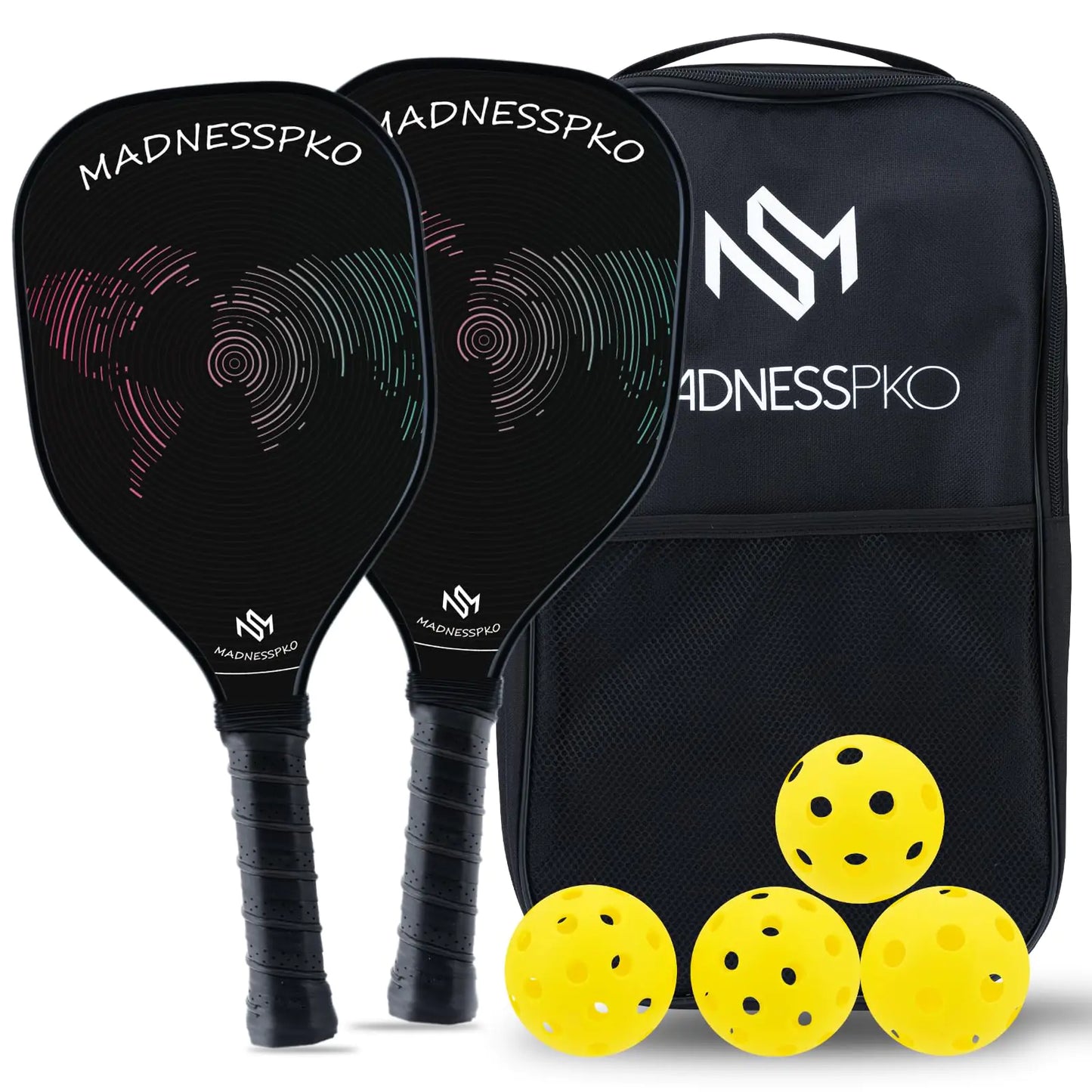 MadnessPKO Graphite Pickleball Paddles Set - Premium Rackets with Fiberglass Face & Polymer Honeycomb Core