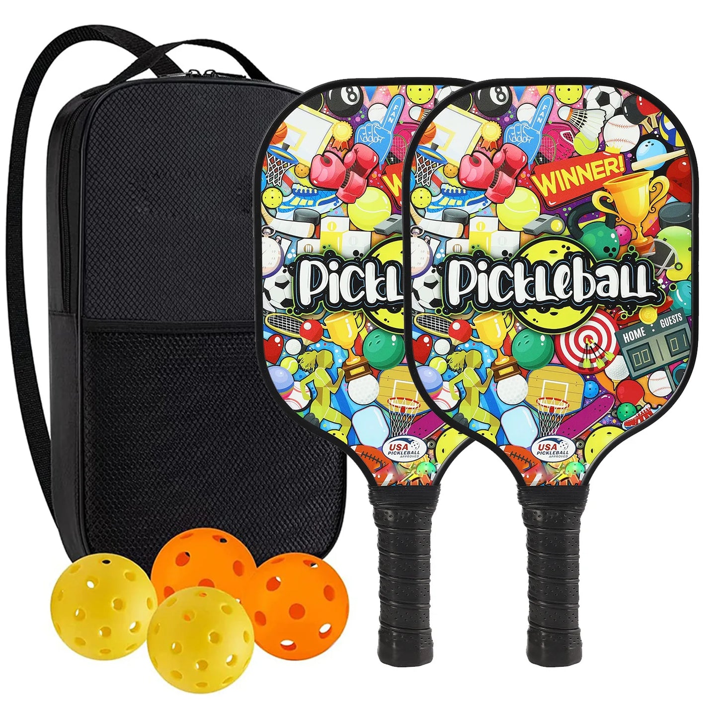 USAPA Approved Pickleball Paddle Set (2 Paddles, 4 Balls, Bag)