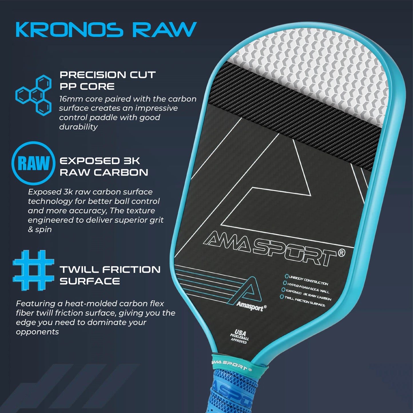 Amasport Kronos Raw Carbon Fiber Pickleball Paddle