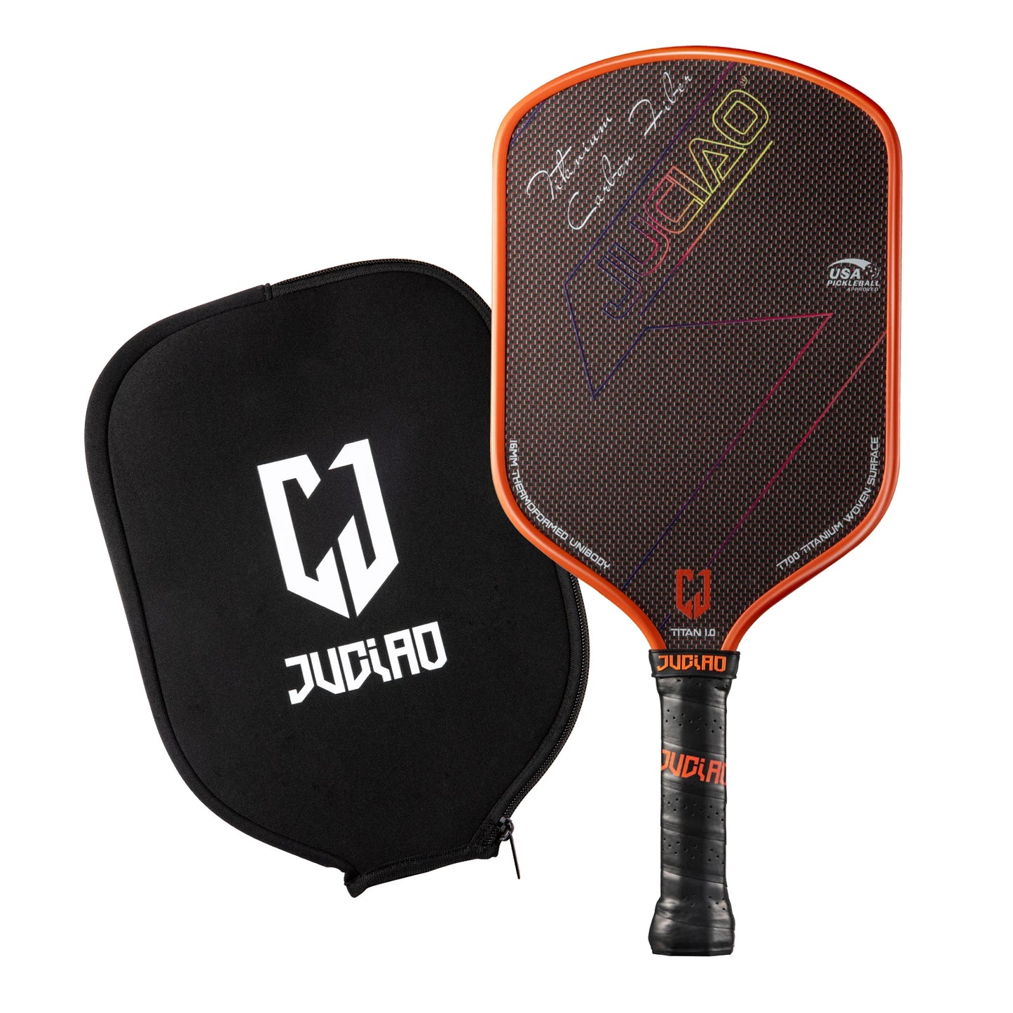 JUCIAO T-Titanium Carbon Fiber Pickleball Paddle with Thermoformed Edges & 2 Spin/Control Balls