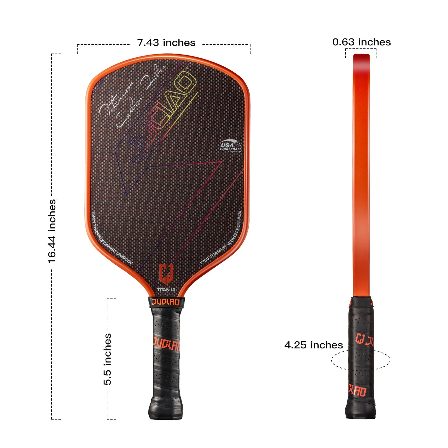JUCIAO T-Titanium Carbon Fiber Pickleball Paddle with Thermoformed Edges & 2 Spin/Control Balls